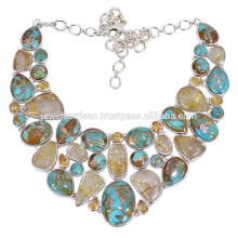 Artisan Silber Halskette mit Türkis, Citrin und Golden Rutile Steine ​​Schmuck